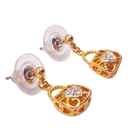 Dainty gold CZ heart purse dangle post earrings - Picture 2 of 4